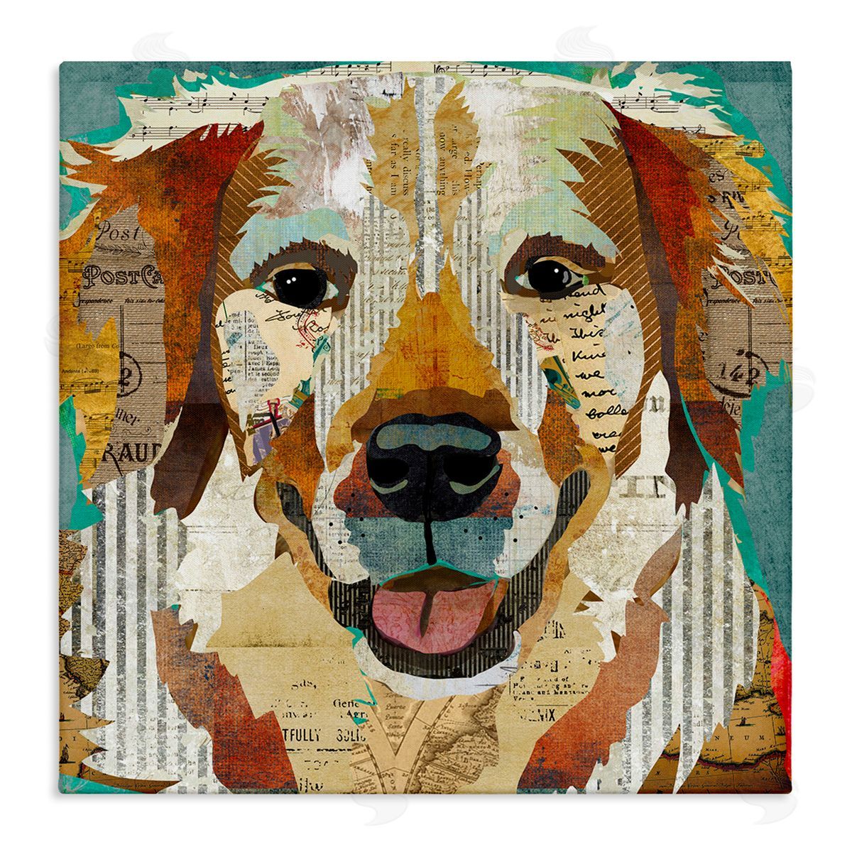 Traci Anderson Layered Dog Animal Portrait Ephemera Patchwork Collage Stretched Canvas Wall Art Print
