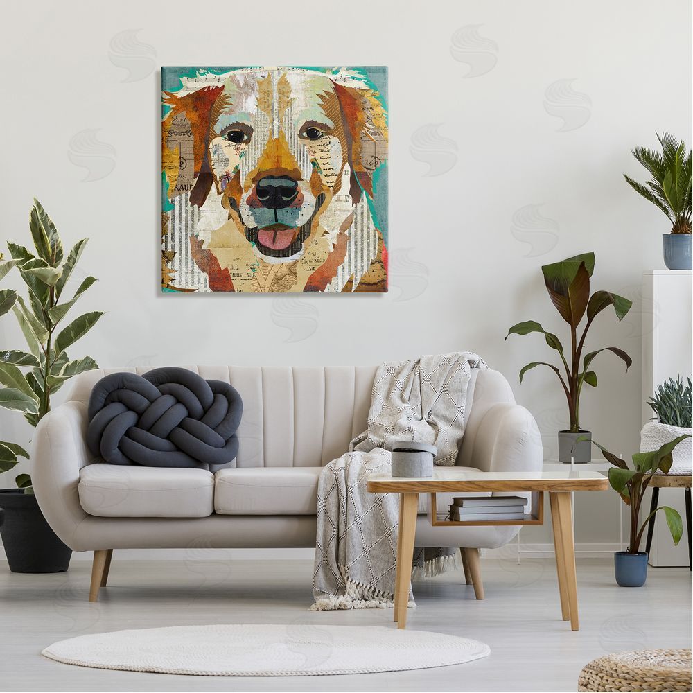 Traci Anderson Layered Dog Animal Portrait Ephemera Patchwork Collage Canvas Wall Art in Room