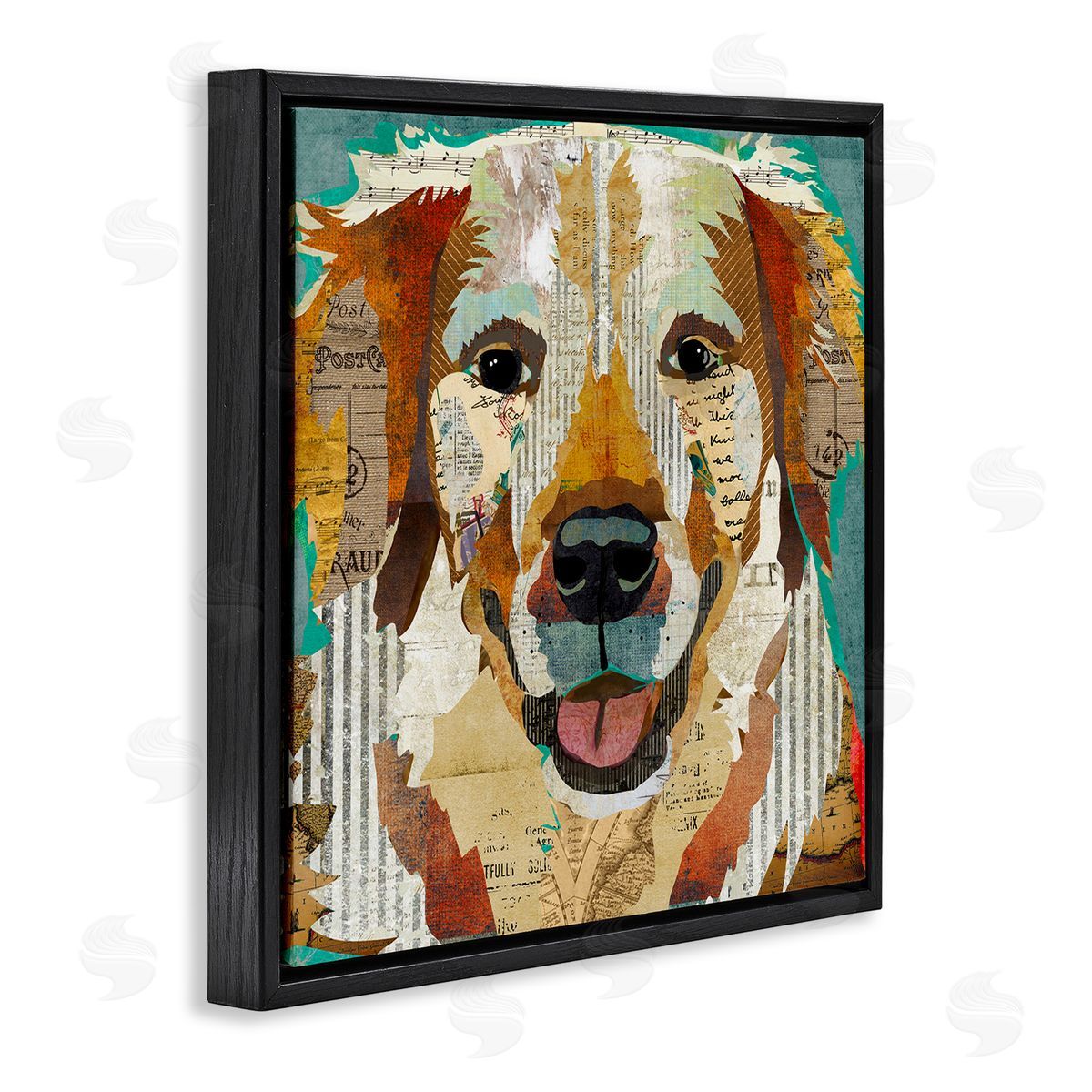 Traci Anderson Layered Dog Animal Portrait Ephemera Patchwork Collage Black Floating Frame Canvas Wall Art Print