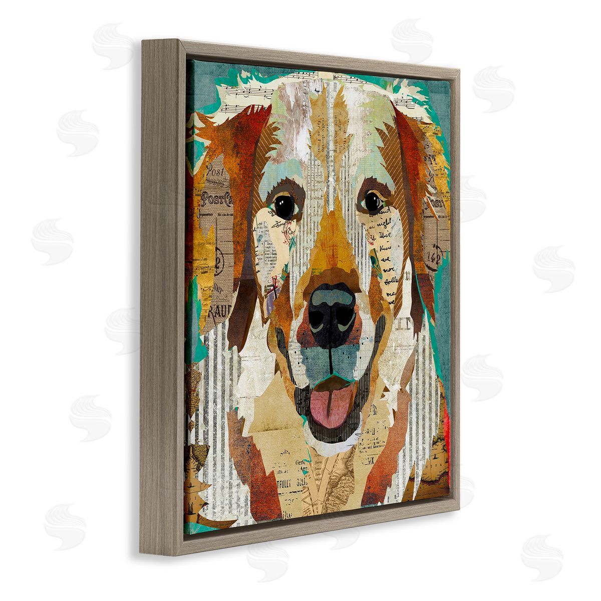 Traci Anderson Layered Dog Animal Portrait Ephemera Patchwork Collage Brown Floating Frame Canvas Wall Art Print