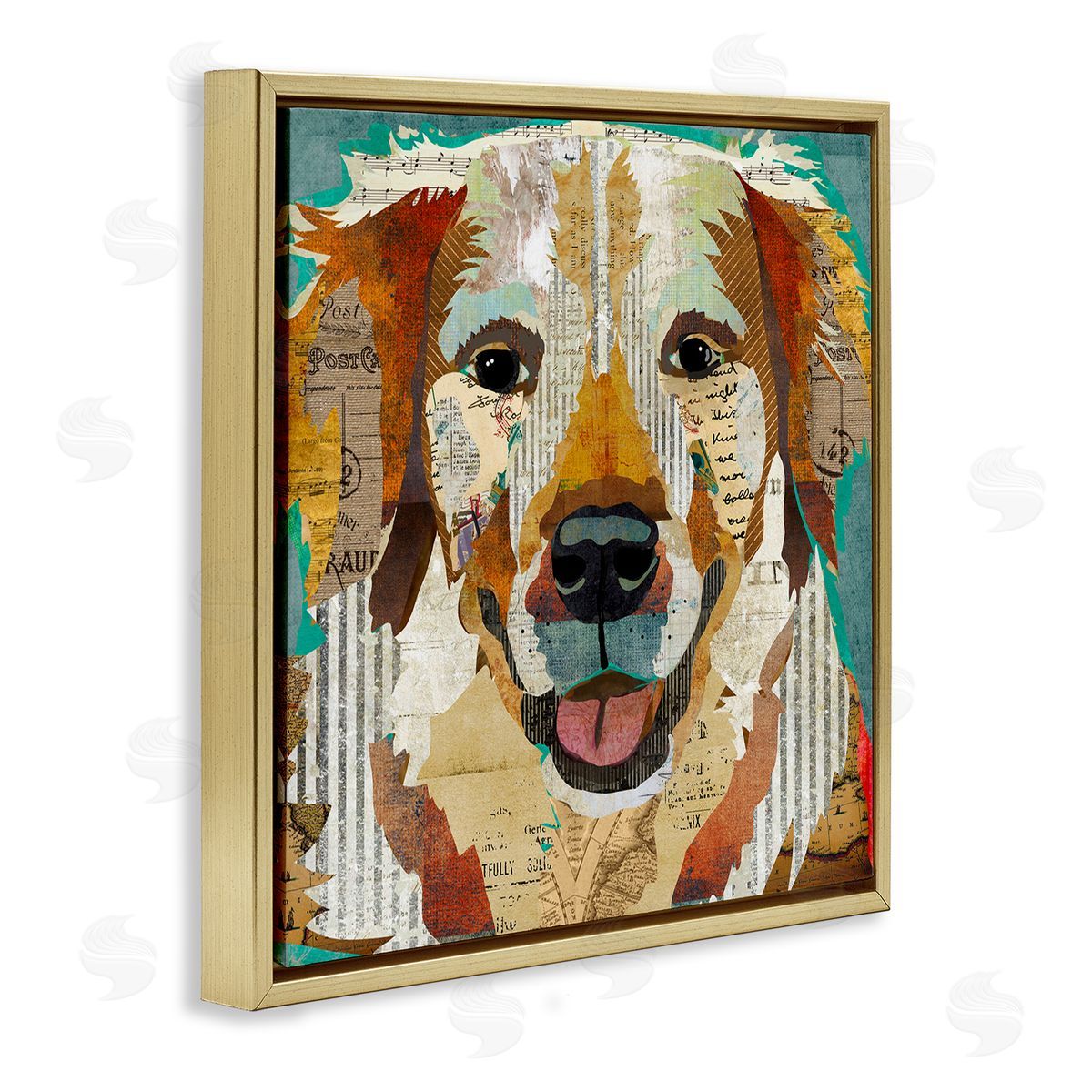 Traci Anderson Layered Dog Animal Portrait Ephemera Patchwork Collage Gold Floating Frame Canvas Wall Art Print