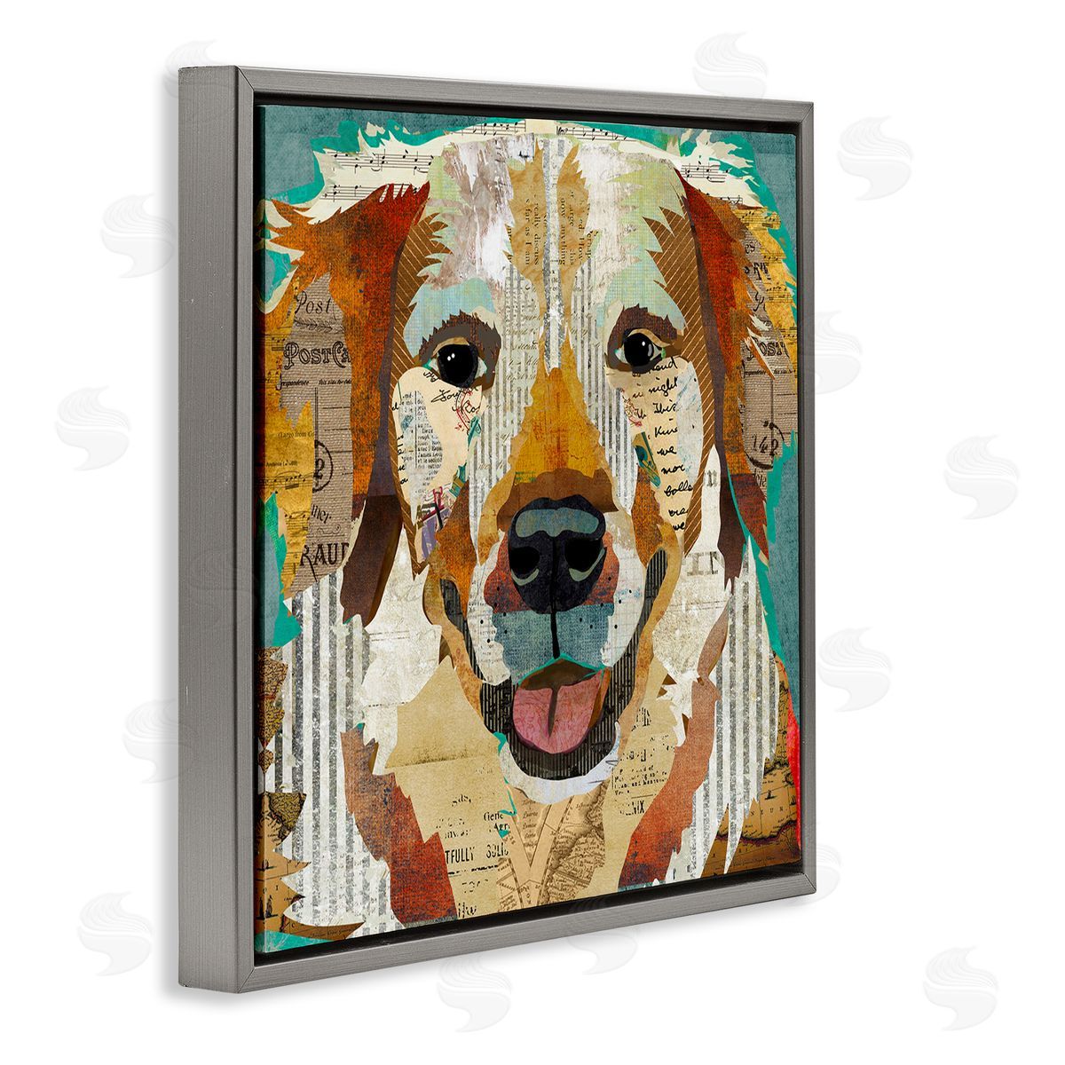 Traci Anderson Layered Dog Animal Portrait Ephemera Patchwork Collage Gray Floating Frame Canvas Wall Art Print