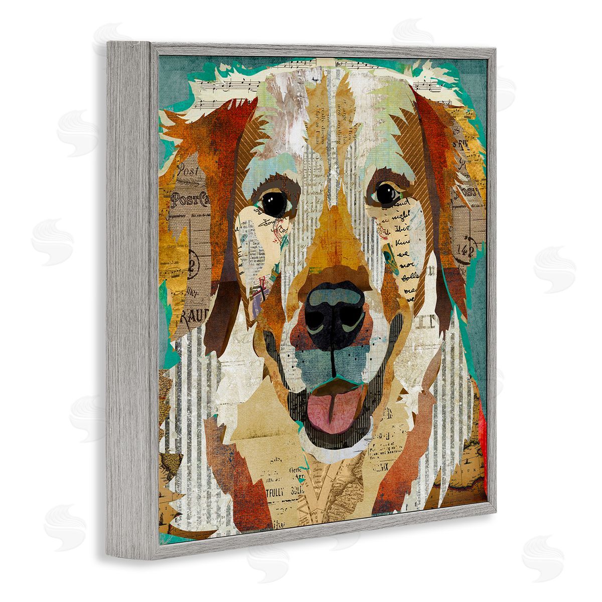 Traci Anderson Layered Dog Animal Portrait Ephemera Patchwork Collage Gray Framed Glicee Wall Art Print