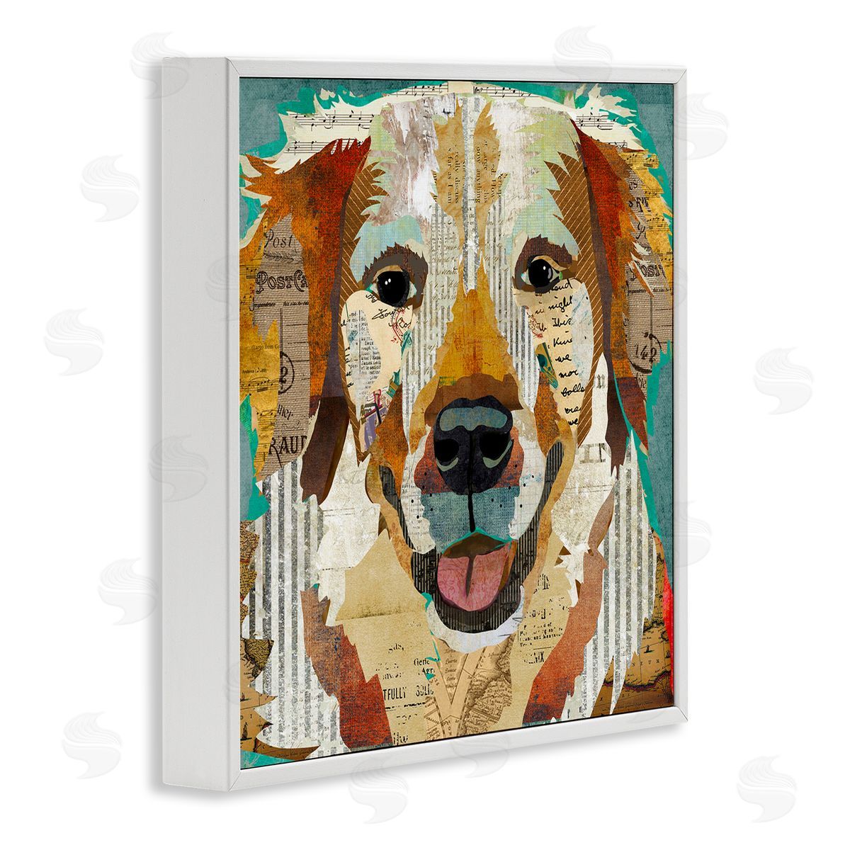 Traci Anderson Layered Dog Animal Portrait Ephemera Patchwork Collage White Framed Glicee Wall Art Print