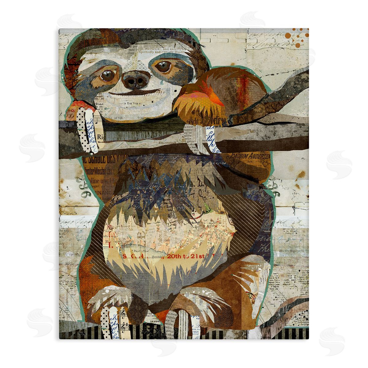 Traci Anderson Smiling Sloth Patchwork Jungle Animal Portrait Stretched Canvas Wall Art Print