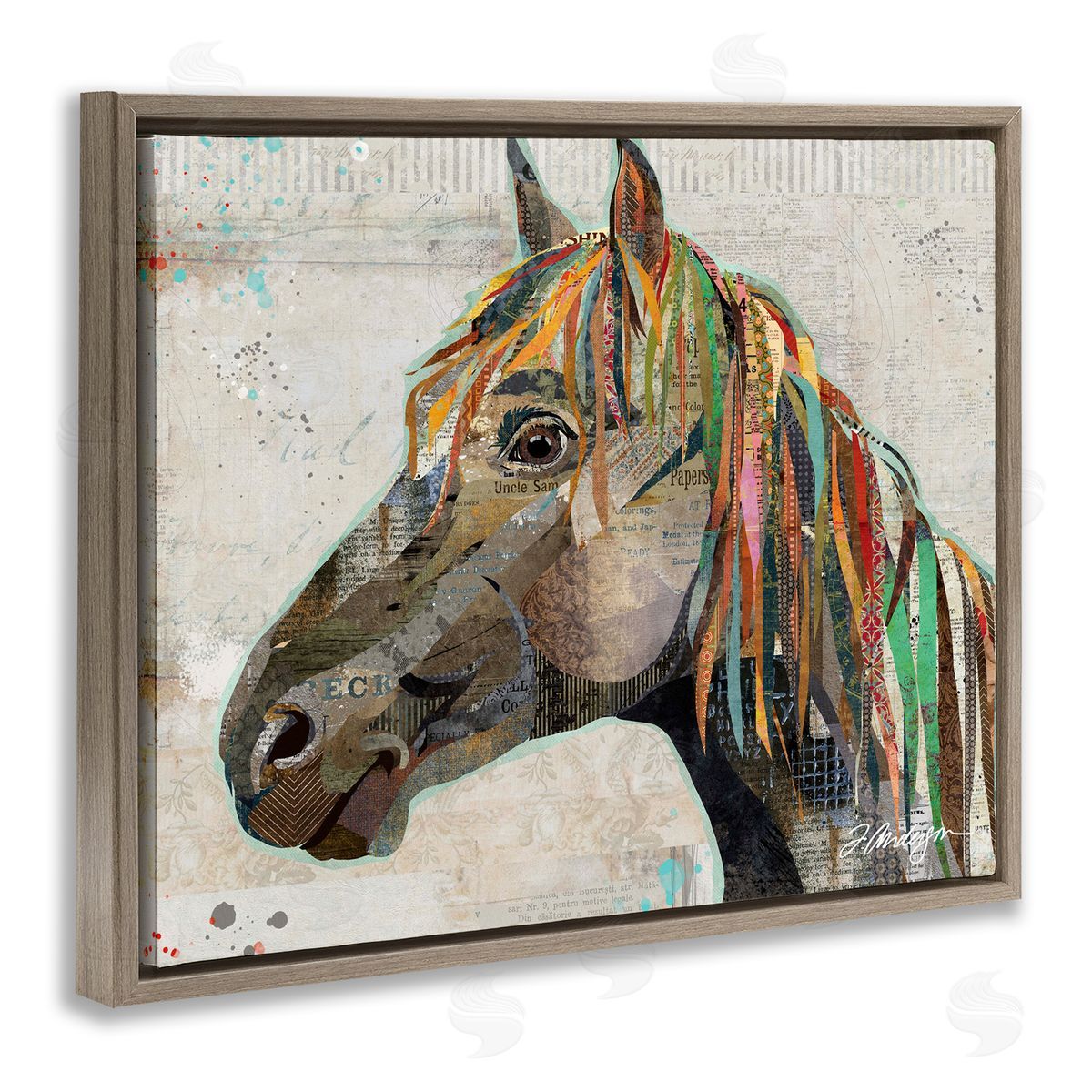 Traci Anderson Farm Horse Animal Portrait Varied Script Words  Brown Floating Frame Canvas Wall Art Print