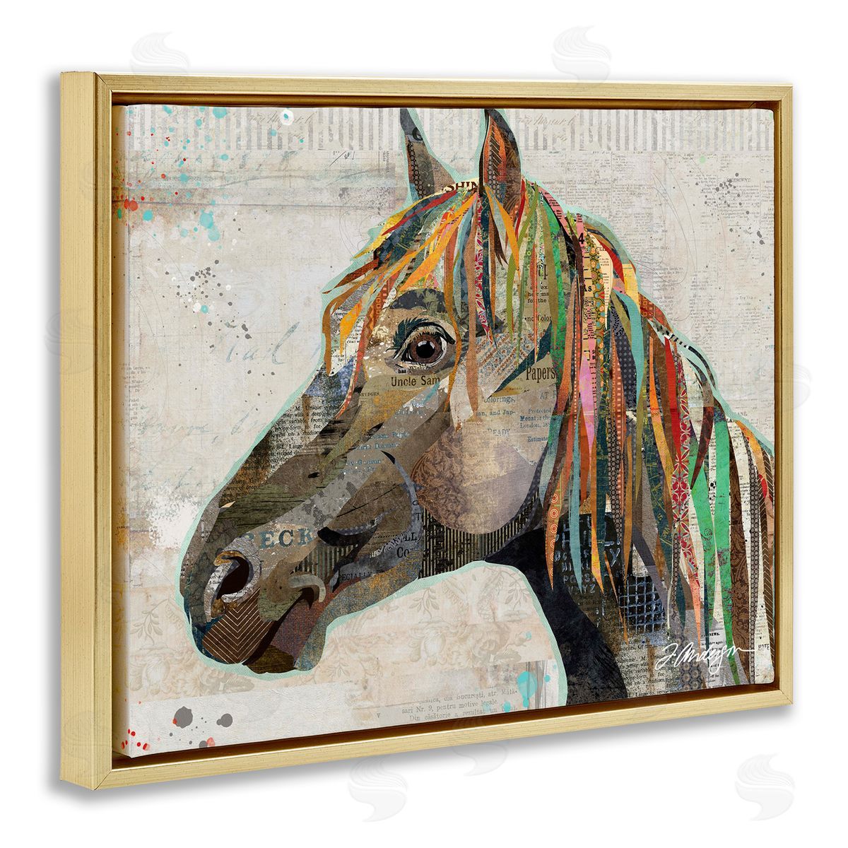 Traci Anderson Farm Horse Animal Portrait Varied Script Words  Gold Floating Frame Canvas Wall Art Print