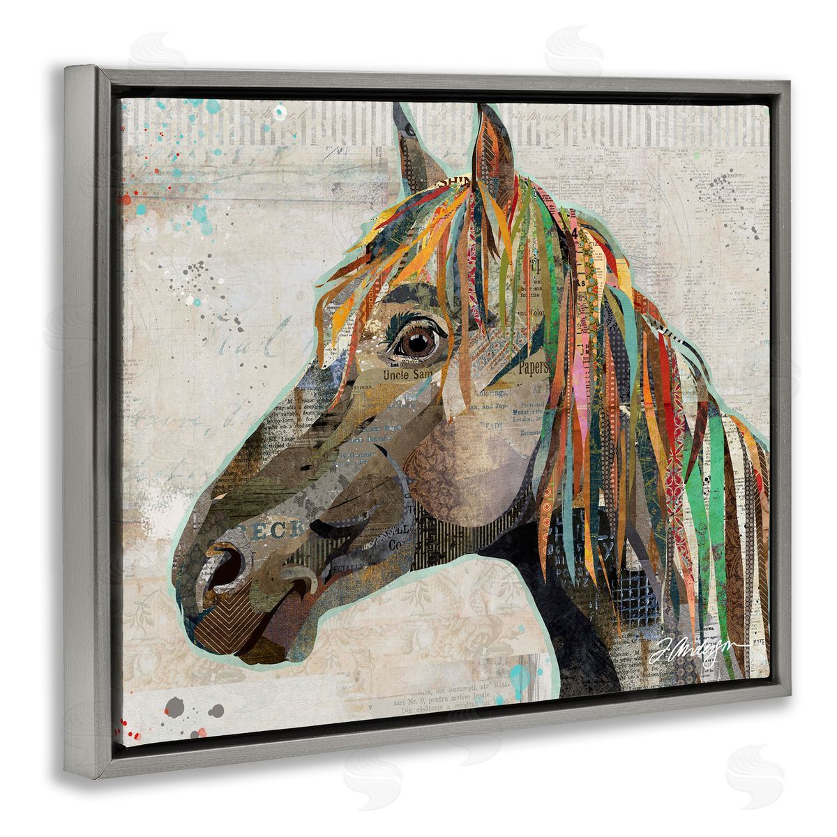Traci Anderson Farm Horse Animal Portrait Varied Script Words  Gray Floating Frame Canvas Wall Art Print