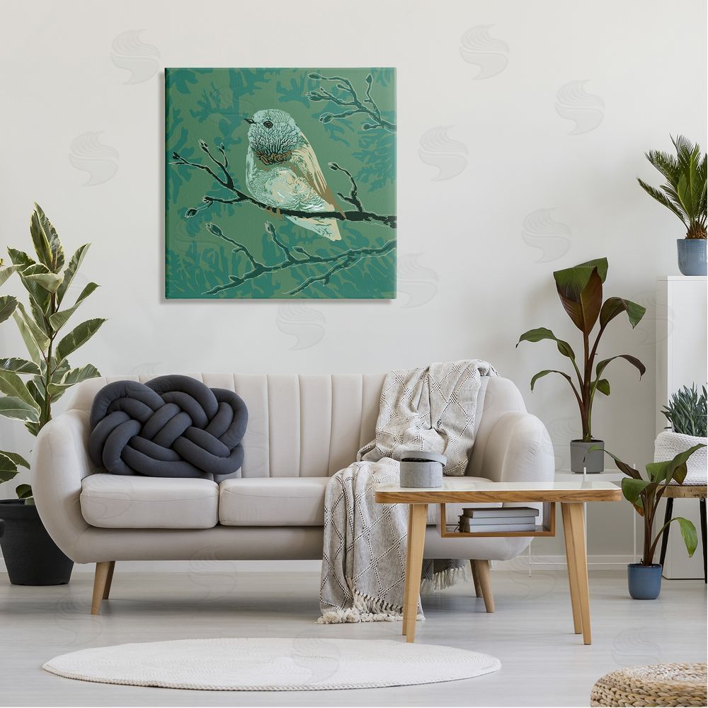 Verbrugge Watercolor Green Bird Perched Abstract Botanical Sprigs Detail Canvas Wall Art in Room
