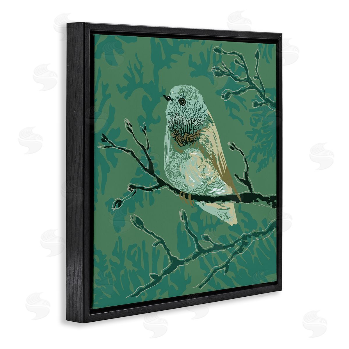 Verbrugge Watercolor Green Bird Perched Abstract Botanical Sprigs Detail Black Floating Frame Canvas Wall Art Print