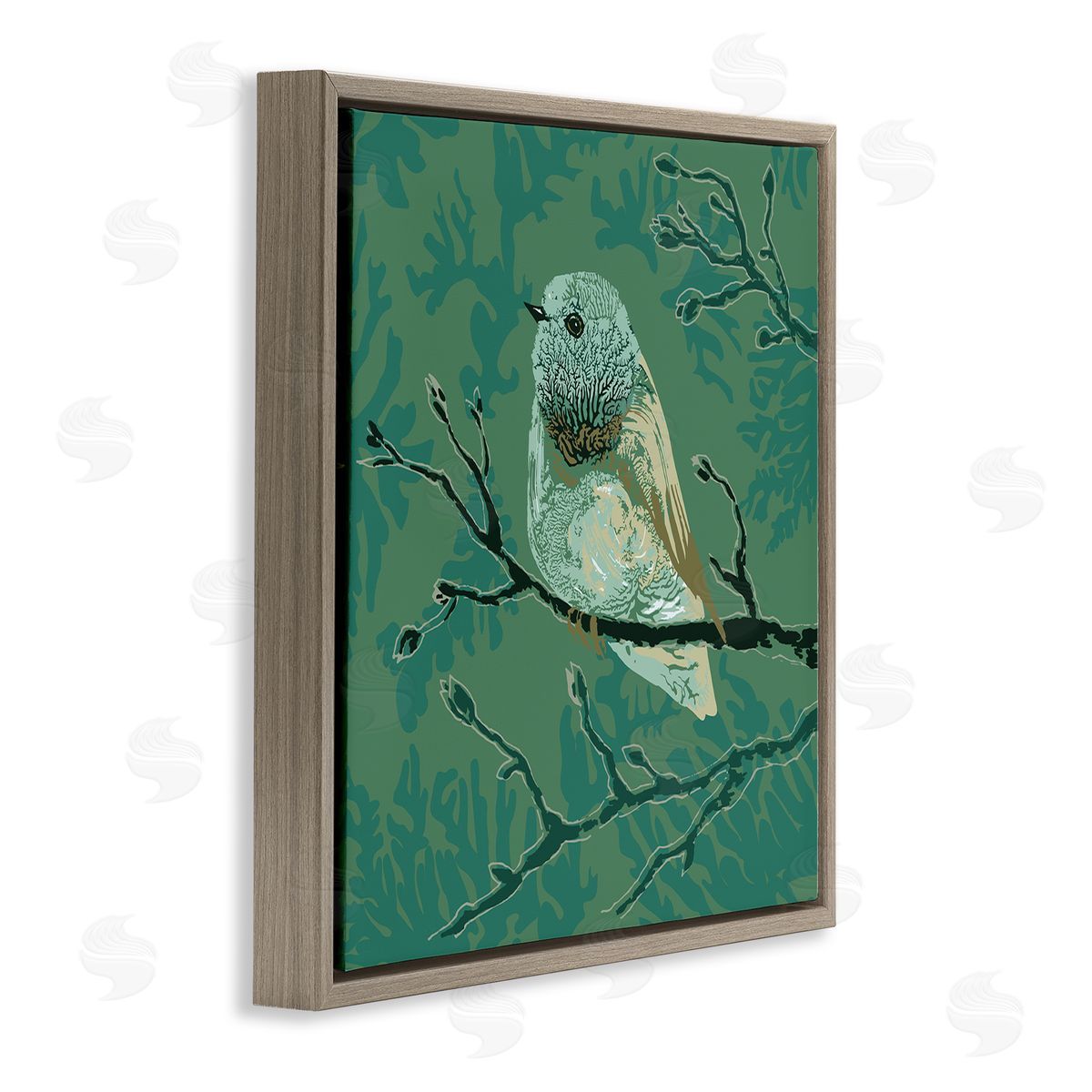 Verbrugge Watercolor Green Bird Perched Abstract Botanical Sprigs Detail Brown Floating Frame Canvas Wall Art Print
