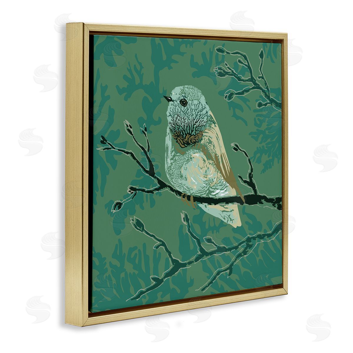 Verbrugge Watercolor Green Bird Perched Abstract Botanical Sprigs Detail Gold Floating Frame Canvas Wall Art Print