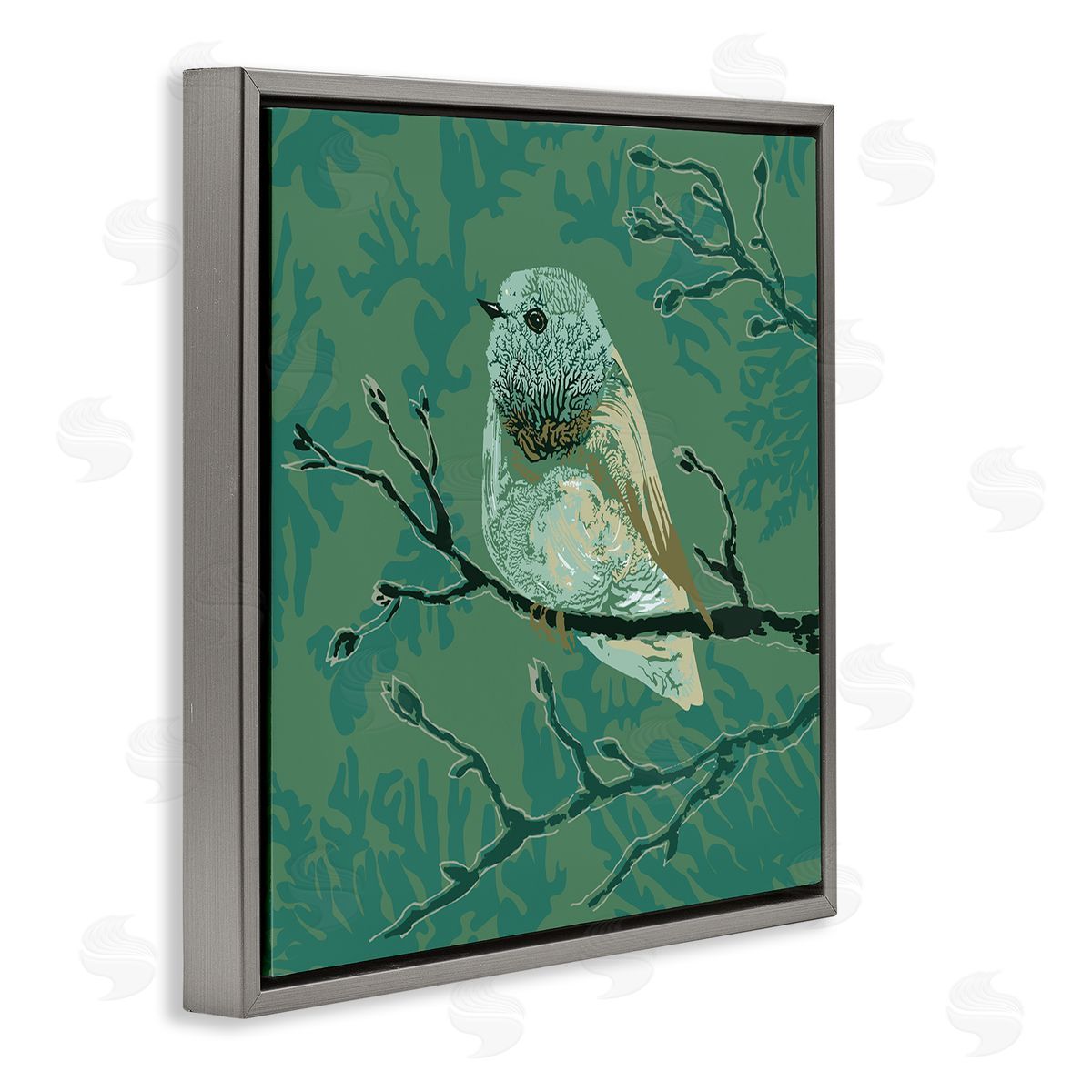Verbrugge Watercolor Green Bird Perched Abstract Botanical Sprigs Detail Gray Floating Frame Canvas Wall Art Print
