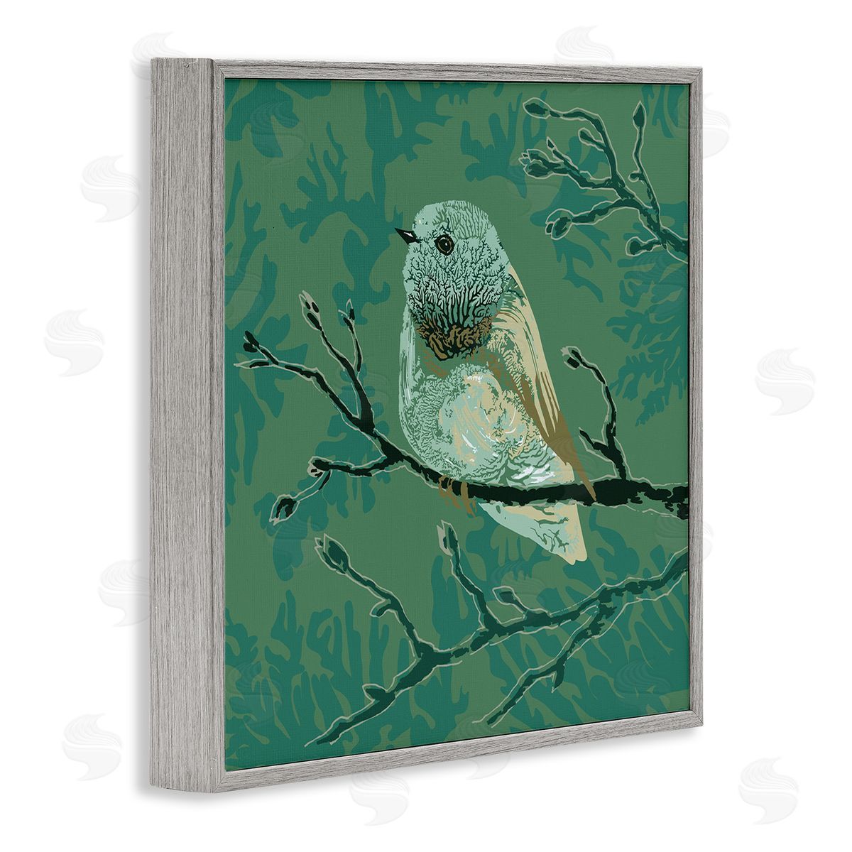Verbrugge Watercolor Green Bird Perched Abstract Botanical Sprigs Detail Gray Framed Glicee Wall Art Print
