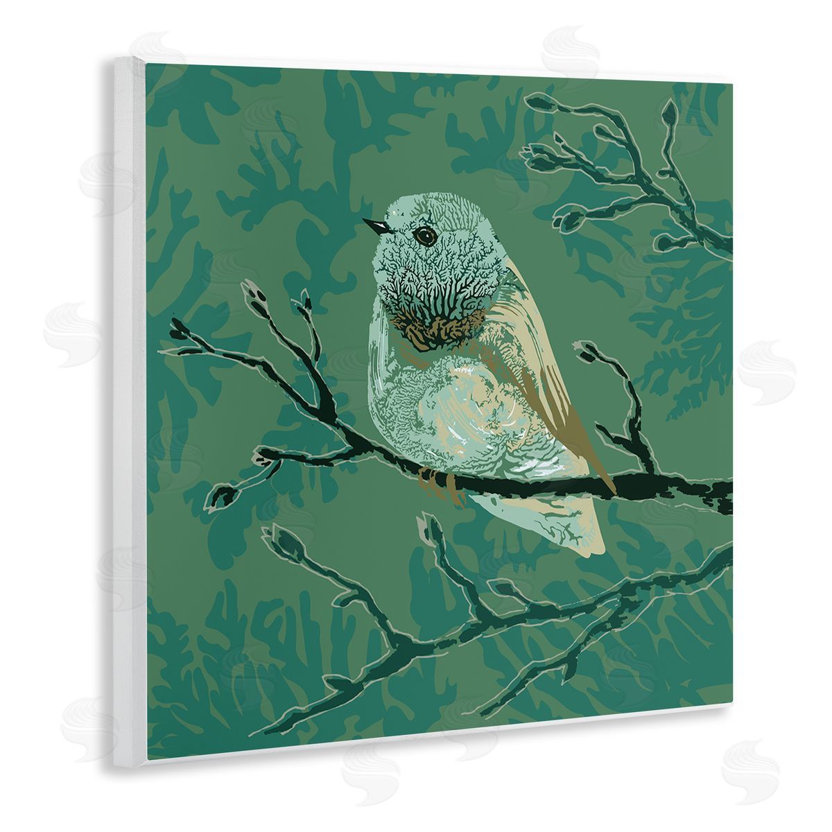 Verbrugge Watercolor Green Bird Perched Abstract Botanical Sprigs Detail Wooden Wall Plaque Art Print