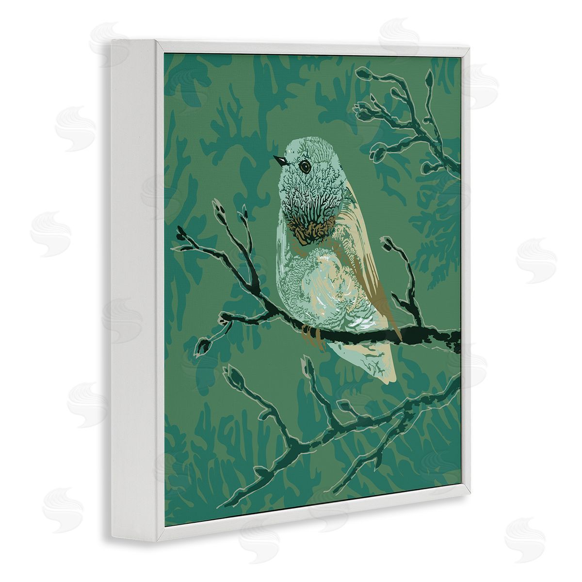 Verbrugge Watercolor Green Bird Perched Abstract Botanical Sprigs Detail White Framed Glicee Wall Art Print