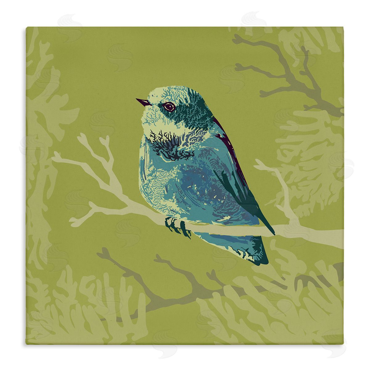 Verbrugge Watercolor Small Blue Bird Perched Modern Layered Botanicals Stretched Canvas Wall Art Print