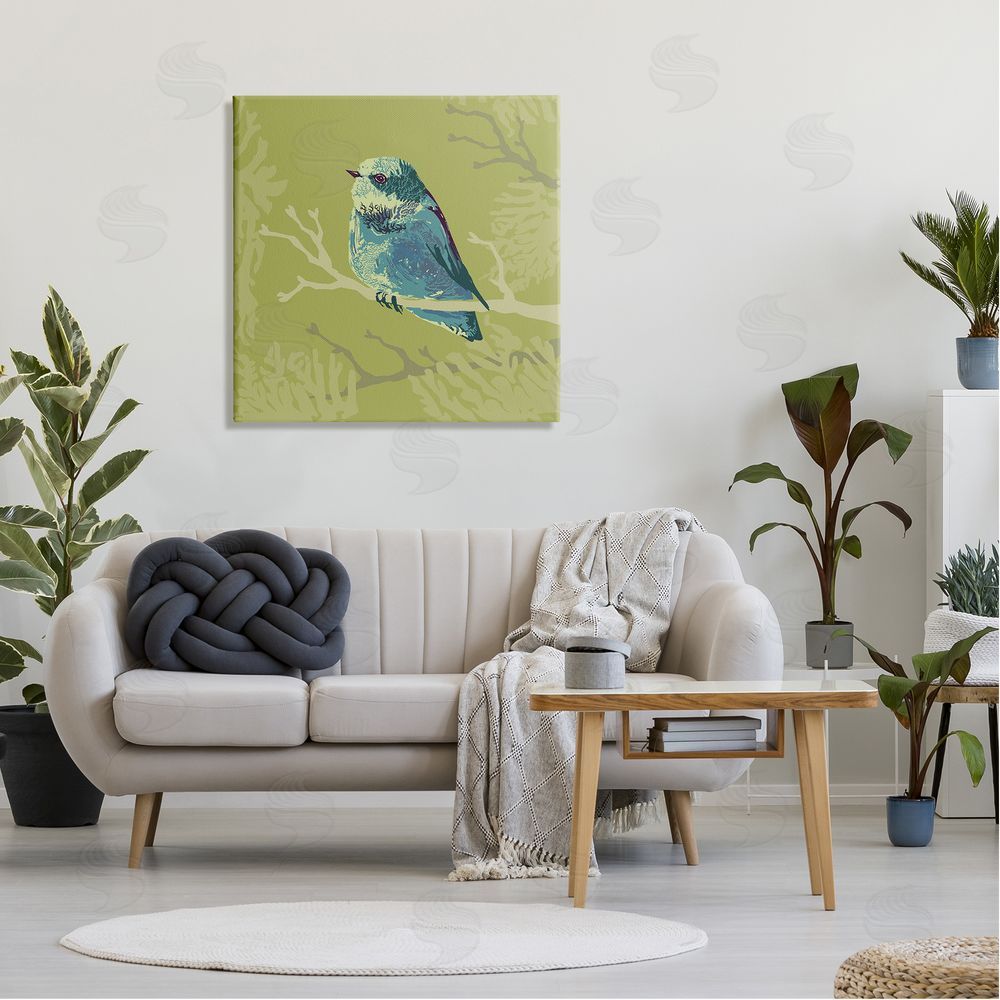 Verbrugge Watercolor Small Blue Bird Perched Modern Layered Botanicals Canvas Wall Art in Room