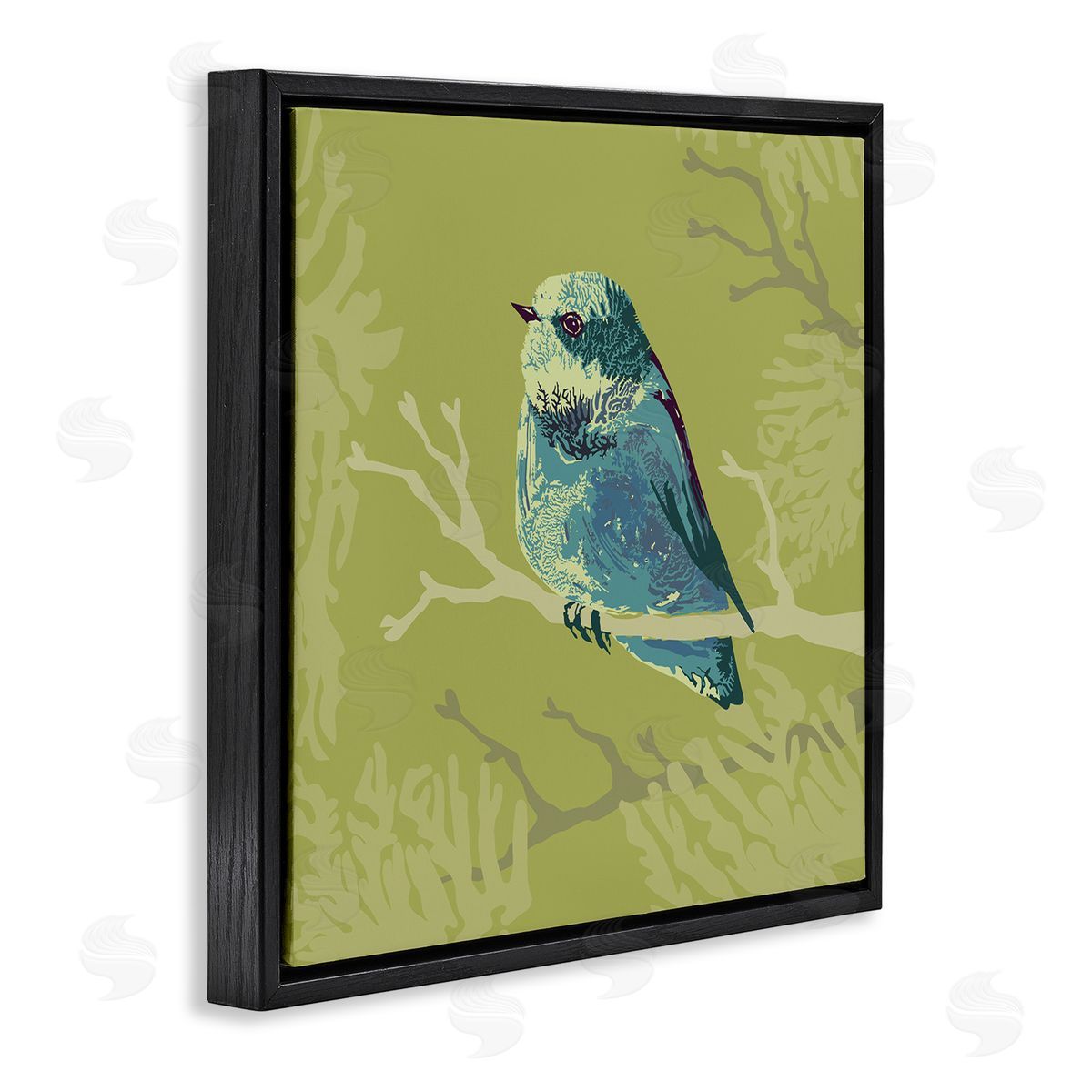 Verbrugge Watercolor Small Blue Bird Perched Modern Layered Botanicals Black Floating Frame Canvas Wall Art Print