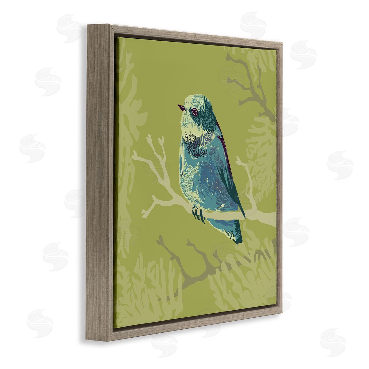 Verbrugge Watercolor Small Blue Bird Perched Modern Layered Botanicals Brown Floating Frame Canvas Wall Art Print