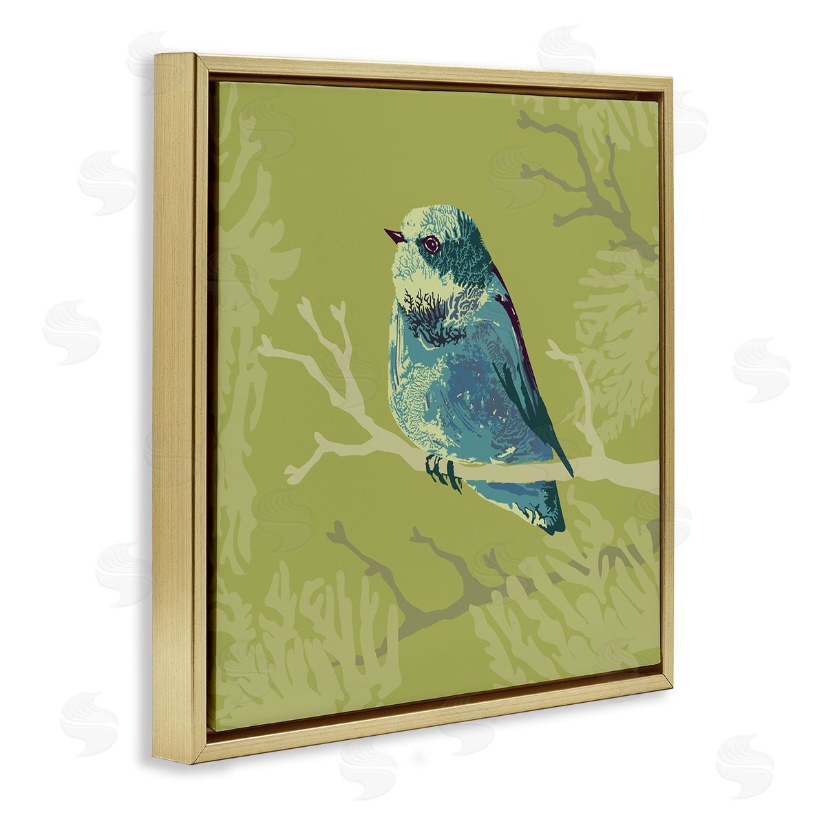 Verbrugge Watercolor Small Blue Bird Perched Modern Layered Botanicals Gold Floating Frame Canvas Wall Art Print