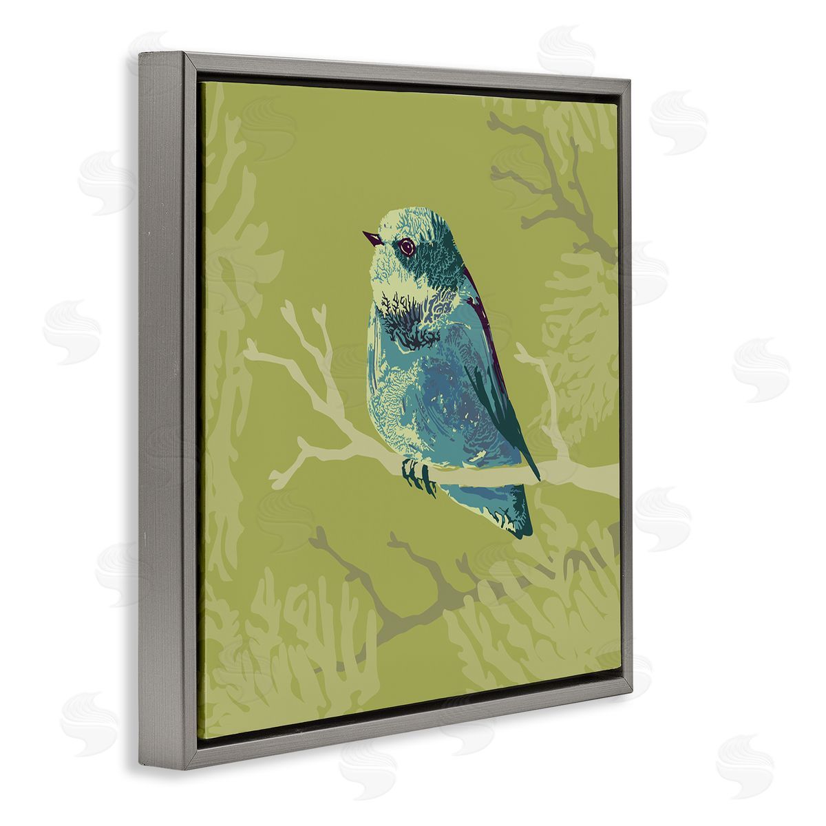 Verbrugge Watercolor Small Blue Bird Perched Modern Layered Botanicals Gray Floating Frame Canvas Wall Art Print