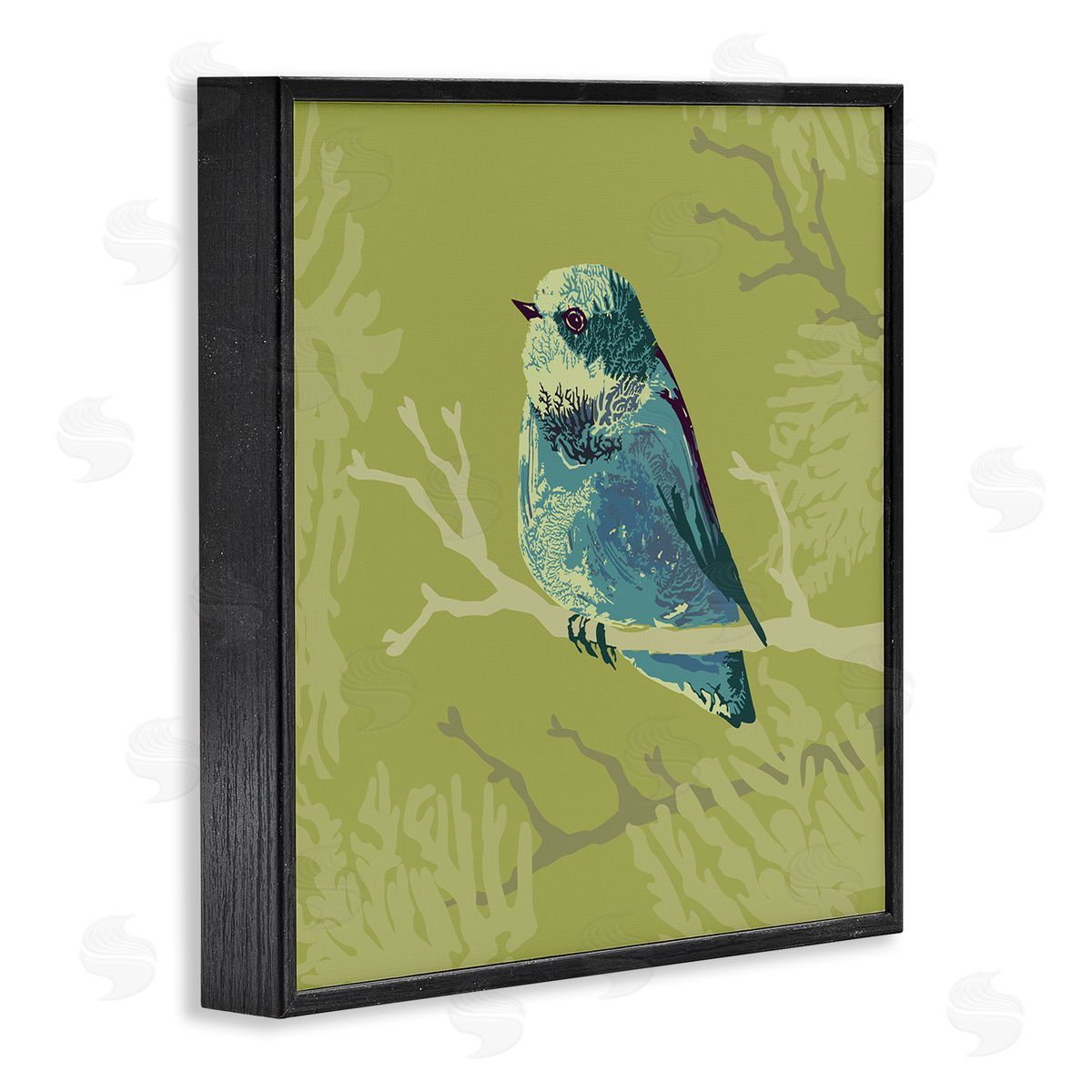 Verbrugge Watercolor Small Blue Bird Perched Modern Layered Botanicals Black Framed Glicee Wall Art Print