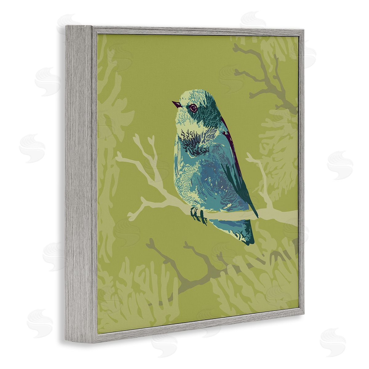 Verbrugge Watercolor Small Blue Bird Perched Modern Layered Botanicals Gray Framed Glicee Wall Art Print