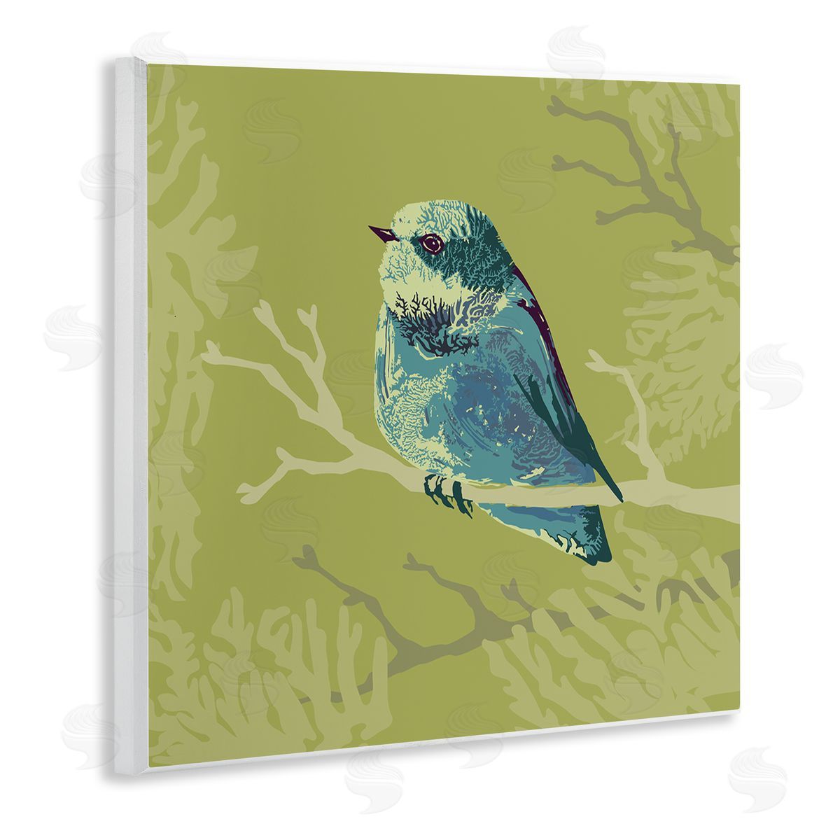 Verbrugge Watercolor Small Blue Bird Perched Modern Layered Botanicals Wooden Wall Plaque Art Print