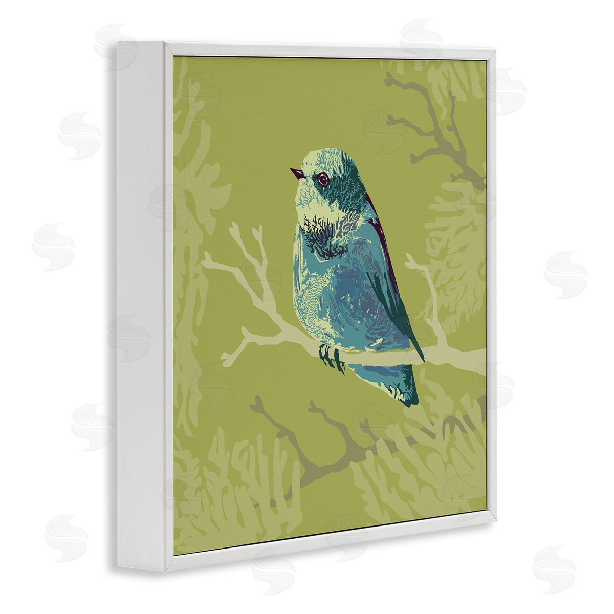 Verbrugge Watercolor Small Blue Bird Perched Modern Layered Botanicals White Framed Glicee Wall Art Print