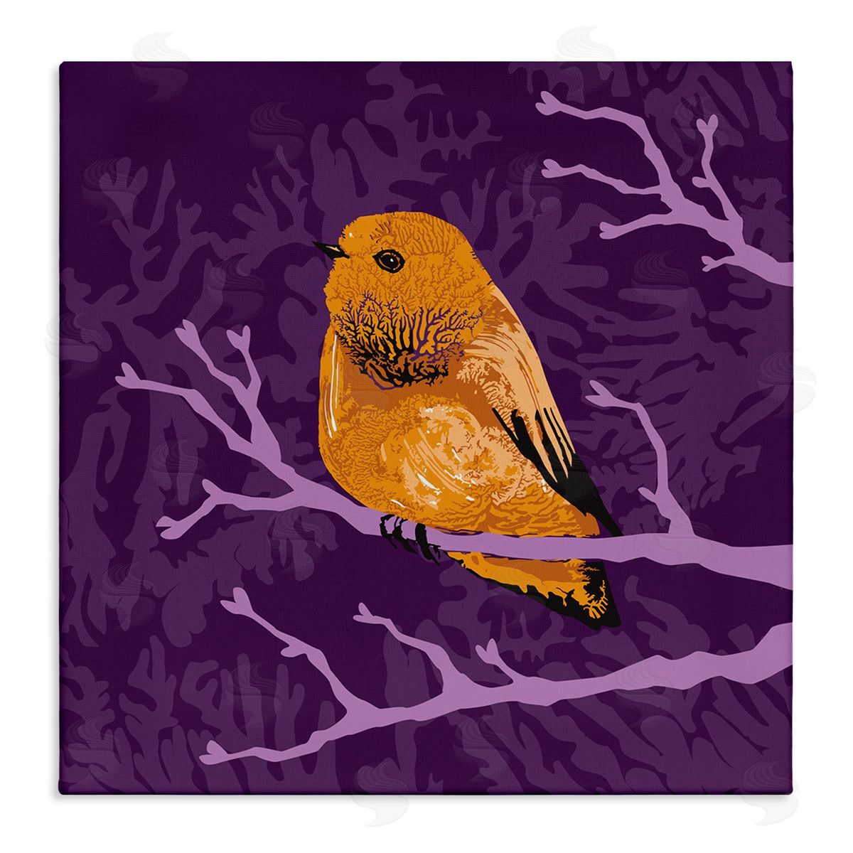 Verbrugge Watercolor Bold Orange Bird Sitting Purple Branches Layered Botanicals Stretched Canvas Wall Art Print