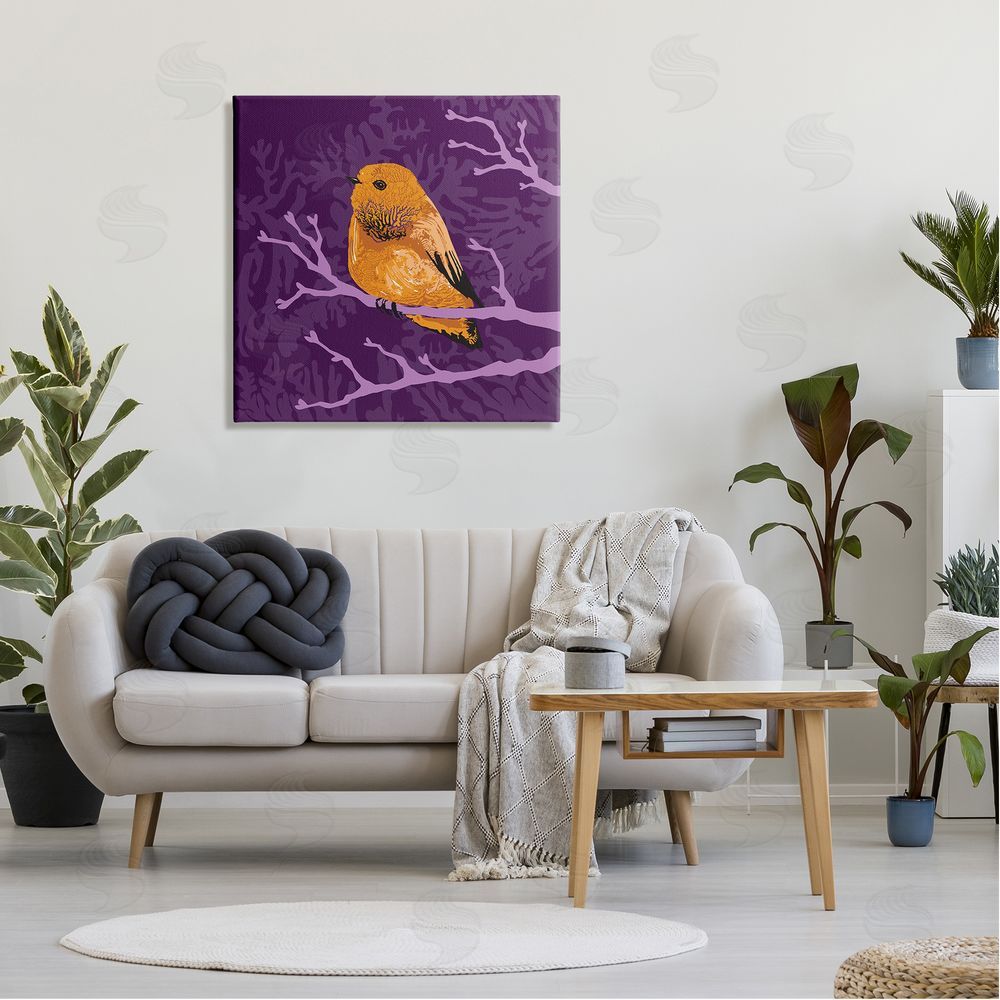 Verbrugge Watercolor Bold Orange Bird Sitting Purple Branches Layered Botanicals Canvas Wall Art in Room