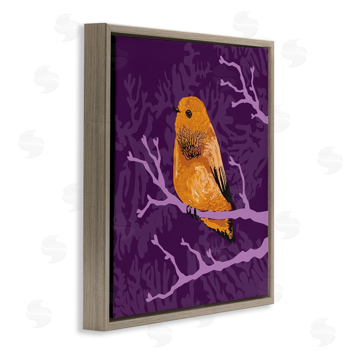 Verbrugge Watercolor Bold Orange Bird Sitting Purple Branches Layered Botanicals Brown Floating Frame Canvas Wall Art Print