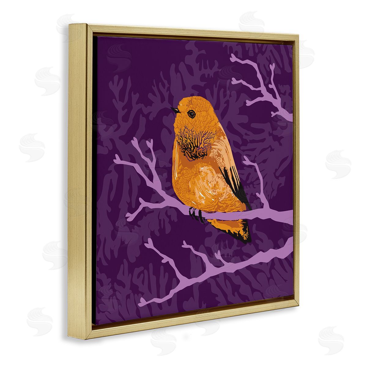 Verbrugge Watercolor Bold Orange Bird Sitting Purple Branches Layered Botanicals Gold Floating Frame Canvas Wall Art Print