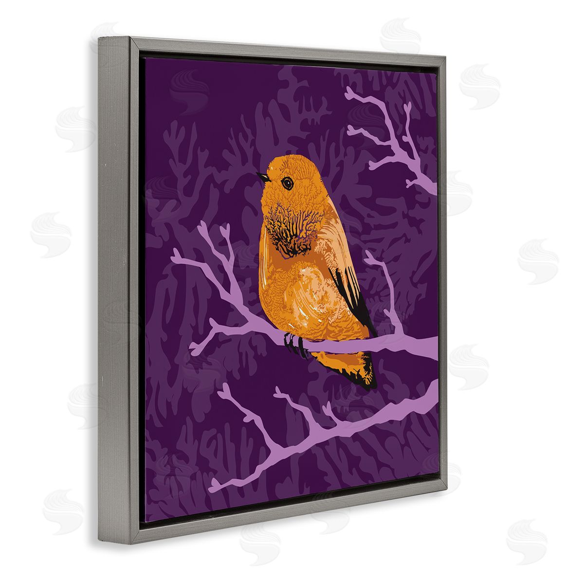 Verbrugge Watercolor Bold Orange Bird Sitting Purple Branches Layered Botanicals Gray Floating Frame Canvas Wall Art Print