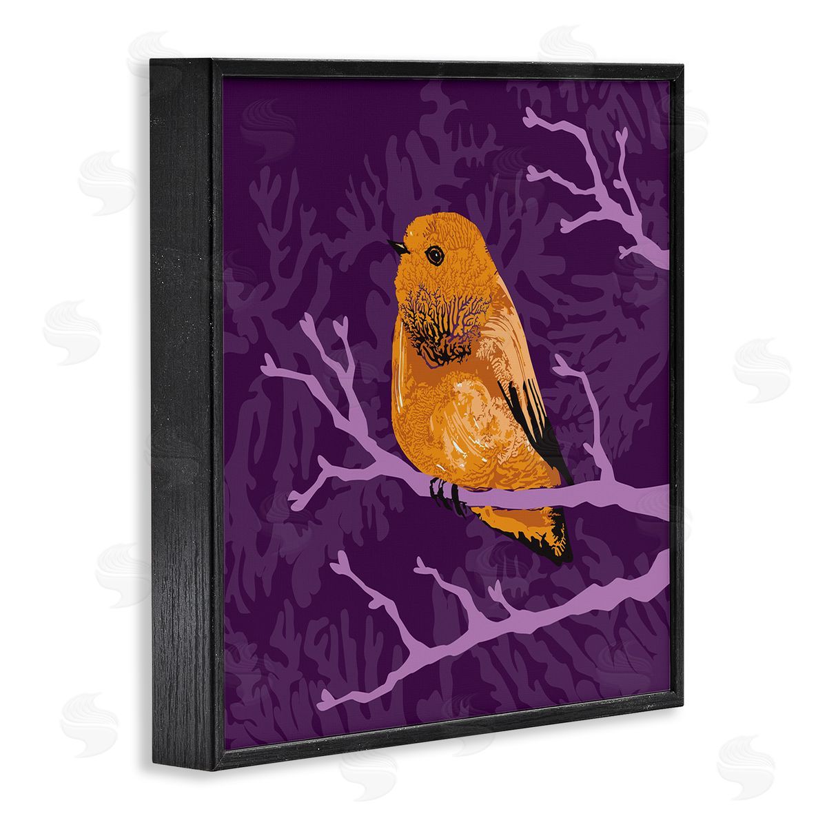 Verbrugge Watercolor Bold Orange Bird Sitting Purple Branches Layered Botanicals Black Framed Glicee Wall Art Print