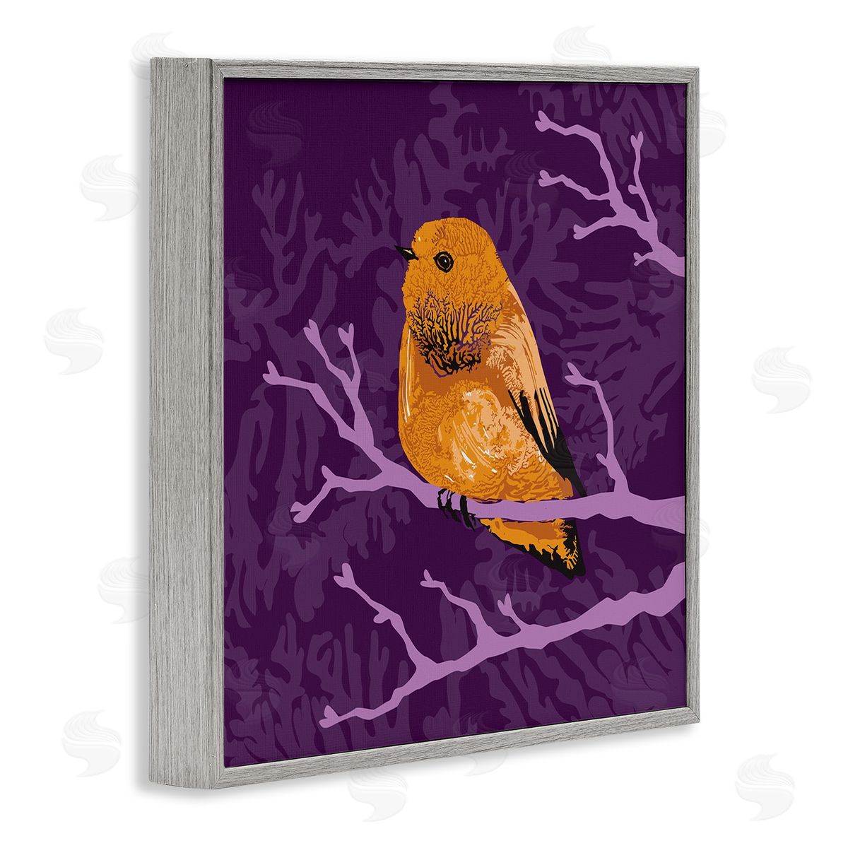 Verbrugge Watercolor Bold Orange Bird Sitting Purple Branches Layered Botanicals Gray Framed Glicee Wall Art Print