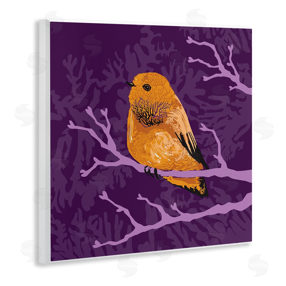 Verbrugge Watercolor Bold Orange Bird Sitting Purple Branches Layered Botanicals Wooden Wall Plaque Art Print
