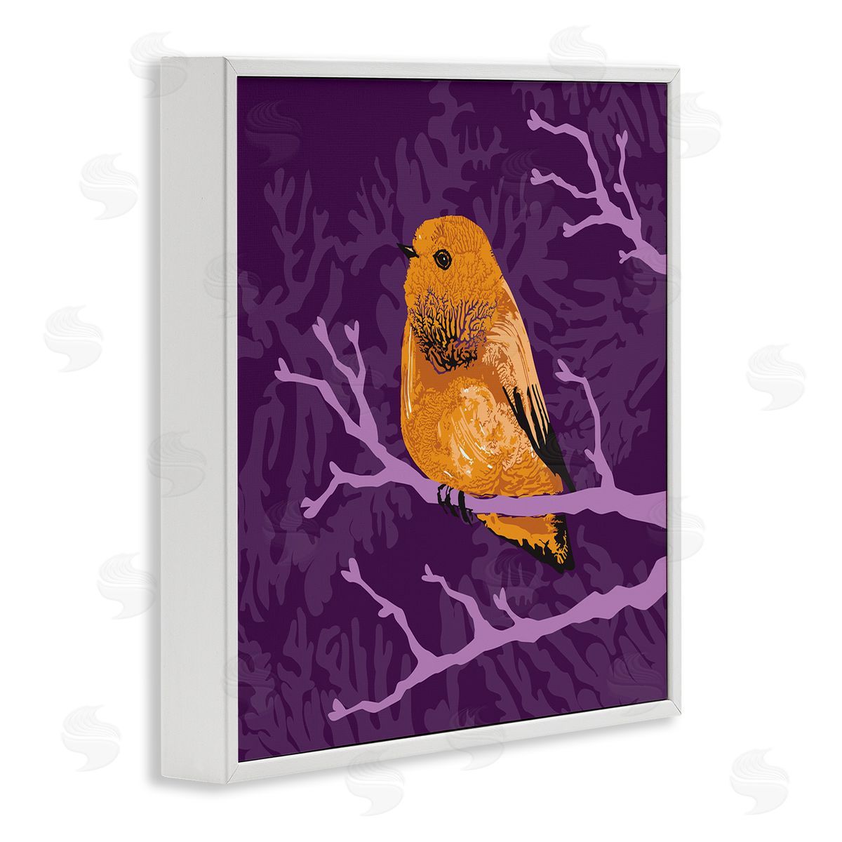 Verbrugge Watercolor Bold Orange Bird Sitting Purple Branches Layered Botanicals White Framed Glicee Wall Art Print