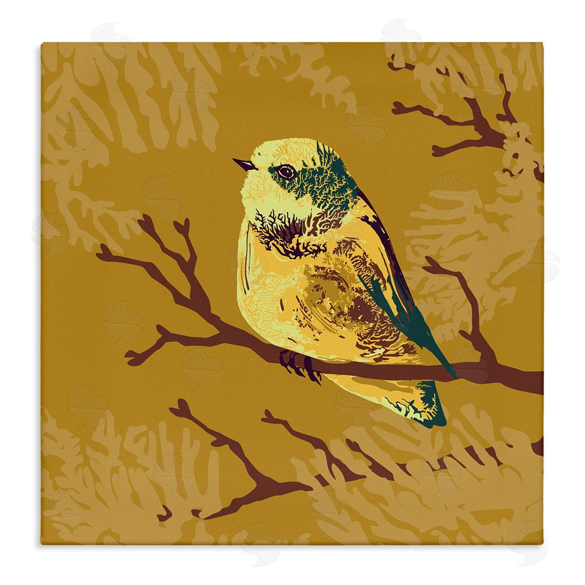 Verbrugge Watercolor Small Yellow Bird Perched Wildlife Animal Portrait Stretched Canvas Wall Art Print