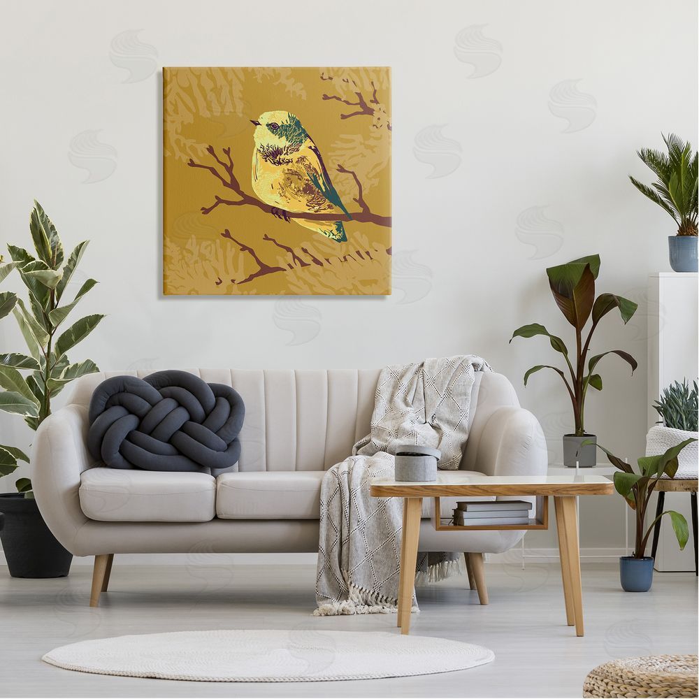 Verbrugge Watercolor Small Yellow Bird Perched Wildlife Animal Portrait Canvas Wall Art in Room