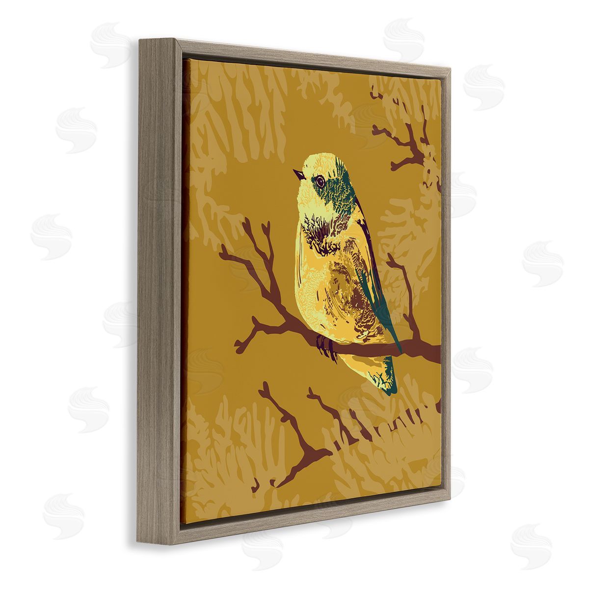 Verbrugge Watercolor Small Yellow Bird Perched Wildlife Animal Portrait Brown Floating Frame Canvas Wall Art Print