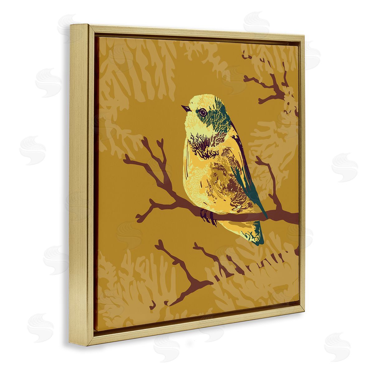 Verbrugge Watercolor Small Yellow Bird Perched Wildlife Animal Portrait Gold Floating Frame Canvas Wall Art Print