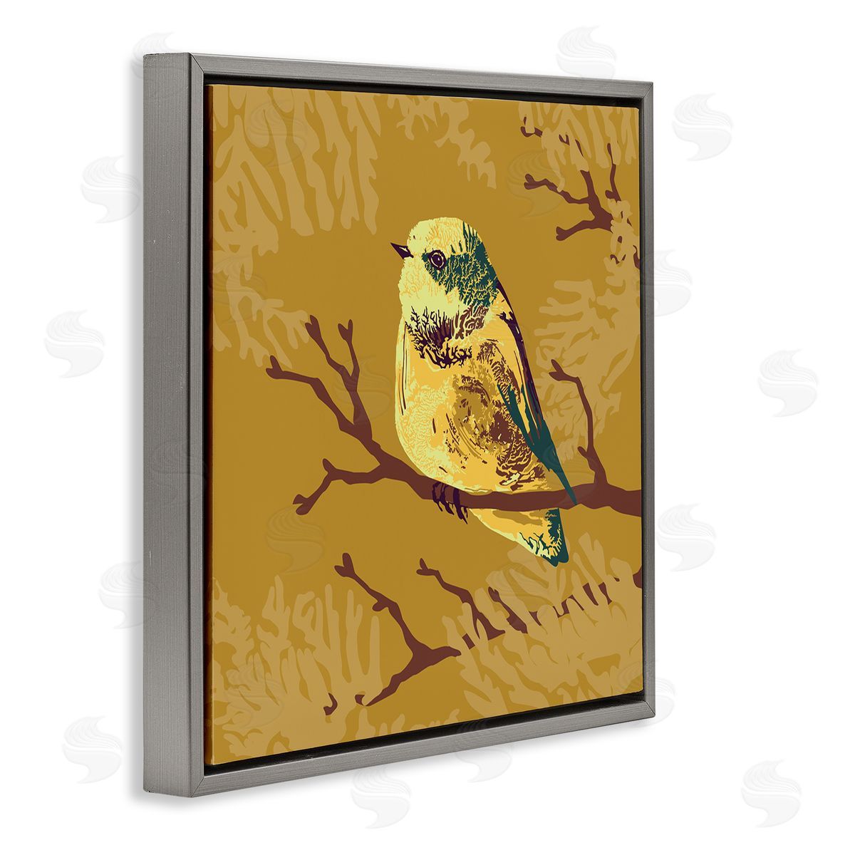 Verbrugge Watercolor Small Yellow Bird Perched Wildlife Animal Portrait Gray Floating Frame Canvas Wall Art Print