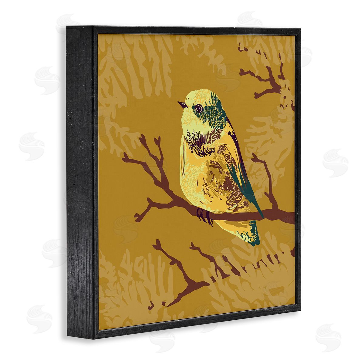 Verbrugge Watercolor Small Yellow Bird Perched Wildlife Animal Portrait Black Framed Glicee Wall Art Print
