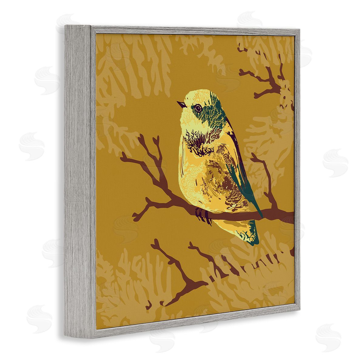 Verbrugge Watercolor Small Yellow Bird Perched Wildlife Animal Portrait Gray Framed Glicee Wall Art Print
