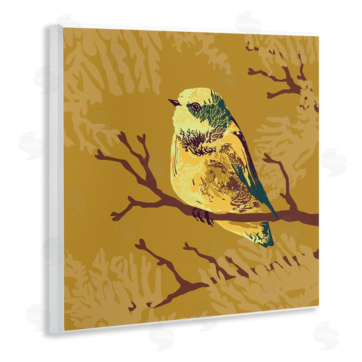 Verbrugge Watercolor Small Yellow Bird Perched Wildlife Animal Portrait Wooden Wall Plaque Art Print
