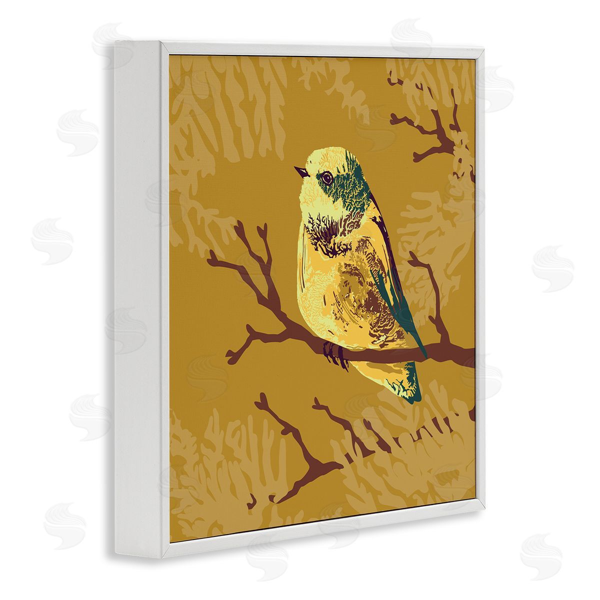 Verbrugge Watercolor Small Yellow Bird Perched Wildlife Animal Portrait White Framed Glicee Wall Art Print