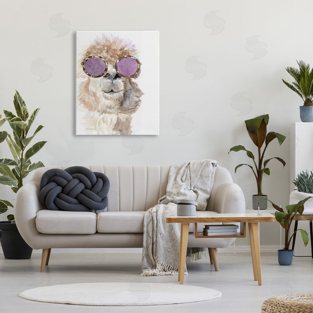 Jennifer Redstreake Fluffy Alpaca Fun Purple Glam Sunglasses Portrait Canvas Wall Art Print in Room