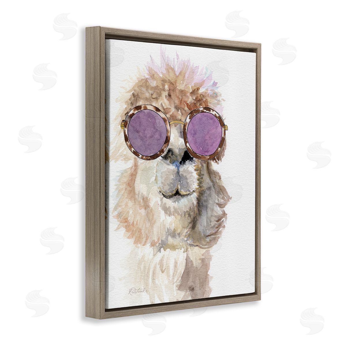 Jennifer Redstreake Fluffy Alpaca Fun Purple Glam Sunglasses Portrait Brown Floating Frame Canvas Wall Art Print